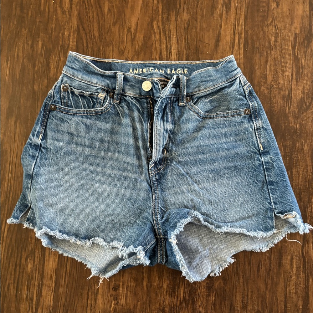 American Eagle Outfitters Women's Frayed Hem High Rise Blue Jean Shorts